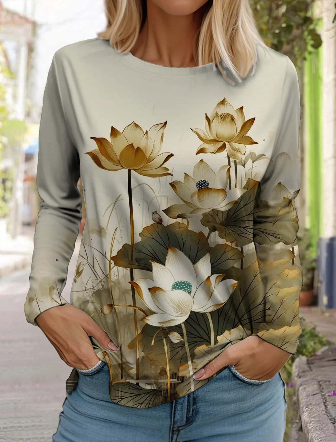 

2024, женские модные топы в стиле ретро, пуловер с длинными рукавами и круглым вырезом, повседневная футболка с длинными рукавами, новая футболка с 3D принтом лотоса
