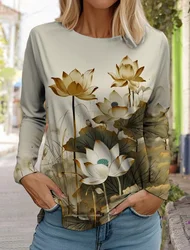 2024 women's fashion retro tops long sleeve round neck pullover casual long sleeve t-shirt new 3d printed lotus print t-shirt