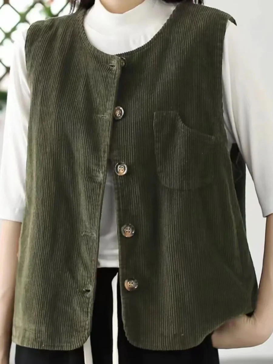 

High-End Japanese Sle plus Size Corduroy Vest Women's New Sle Svel Plaid Retro Top Loose Fit round Ne Single Button
