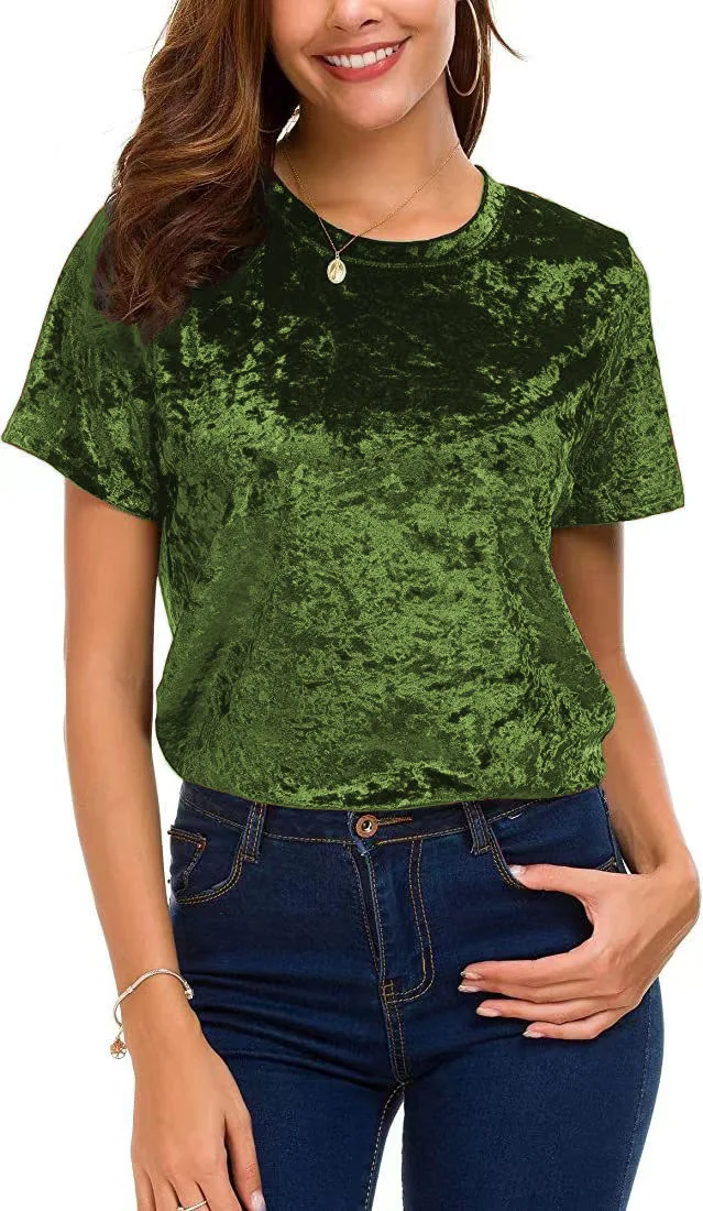 Damen-T-Shirt aus Crushed-Samt in Übergröße, kurzärmelig, Rundhalsausschnitt, lässiges, lockeres Oberteil – Detail 8