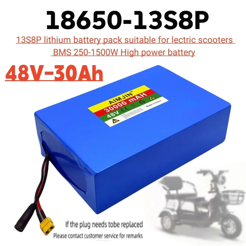 

48V 30Ah 30000mAh 18650 13S8P lithium battery pack large capacity suitable for 48V 250-1500W built-in BMS+54.6V2A charger