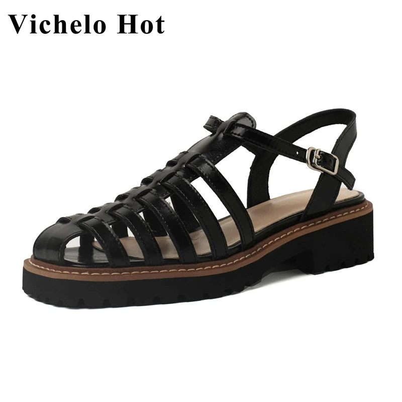 

Vichelo Hot Roman Style Cow Split Leather Square Toe Med Heel Summer Shoes Retro Fashion Buckle Strap Basic Women Sandals L08