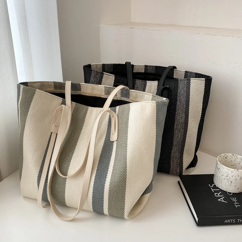 

Women Canvas Tote Bag Korean Stripe Contrast Shoulder Shopper Bag Large Capacity Shopping Bag Thick Cotton Cloth Ladies Handbag