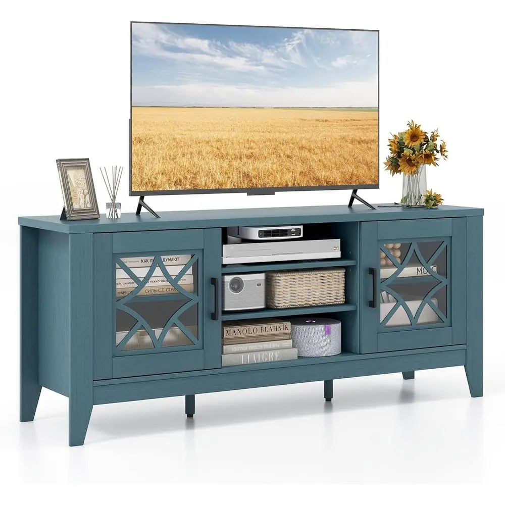 65 TV Entertainment Center with Glass Door Cabinet & 4 Adjustable Shelves, Cable Holes for Living Room (Teal Blue)
