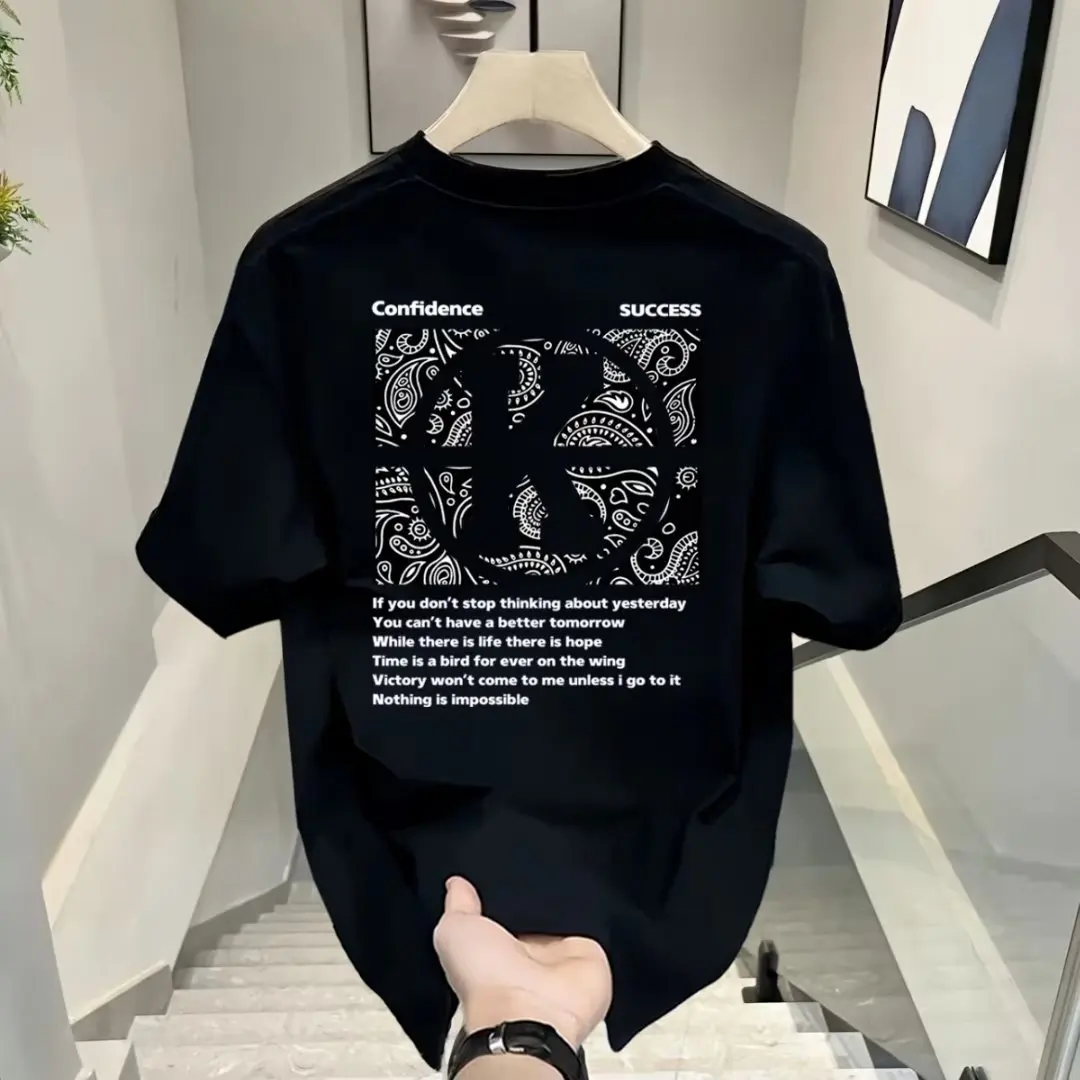 Men's Harajuku Fashion Graphic T-shirt Kpop Letter Print Casual Summer Short Sleeved Hip-hop O-Neck Black Shirts Tops Streetwear