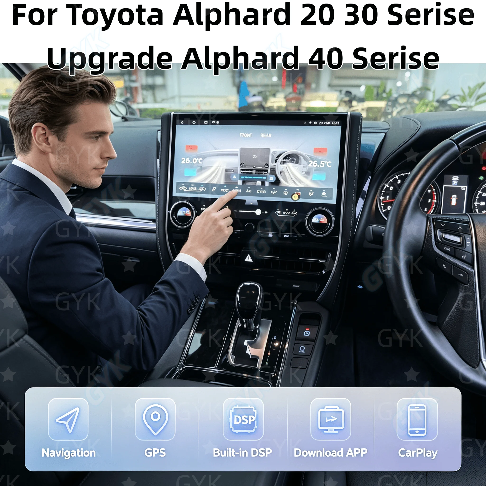 Автомагнитола RHD 15 дюймов для Toyota Alphard 20/30 серии, обновление до Alphard 40 серии, с Carplay, Bluetooth, Android, GPS-навигацией и видеоплеером