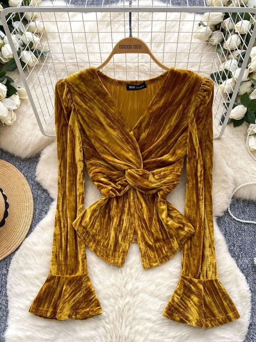 

Retro Sle Women's Velvet irt Spring Autumn New Sle V-Ne Knot Waist-Cinching Flared Sve Cross Design Faion Top