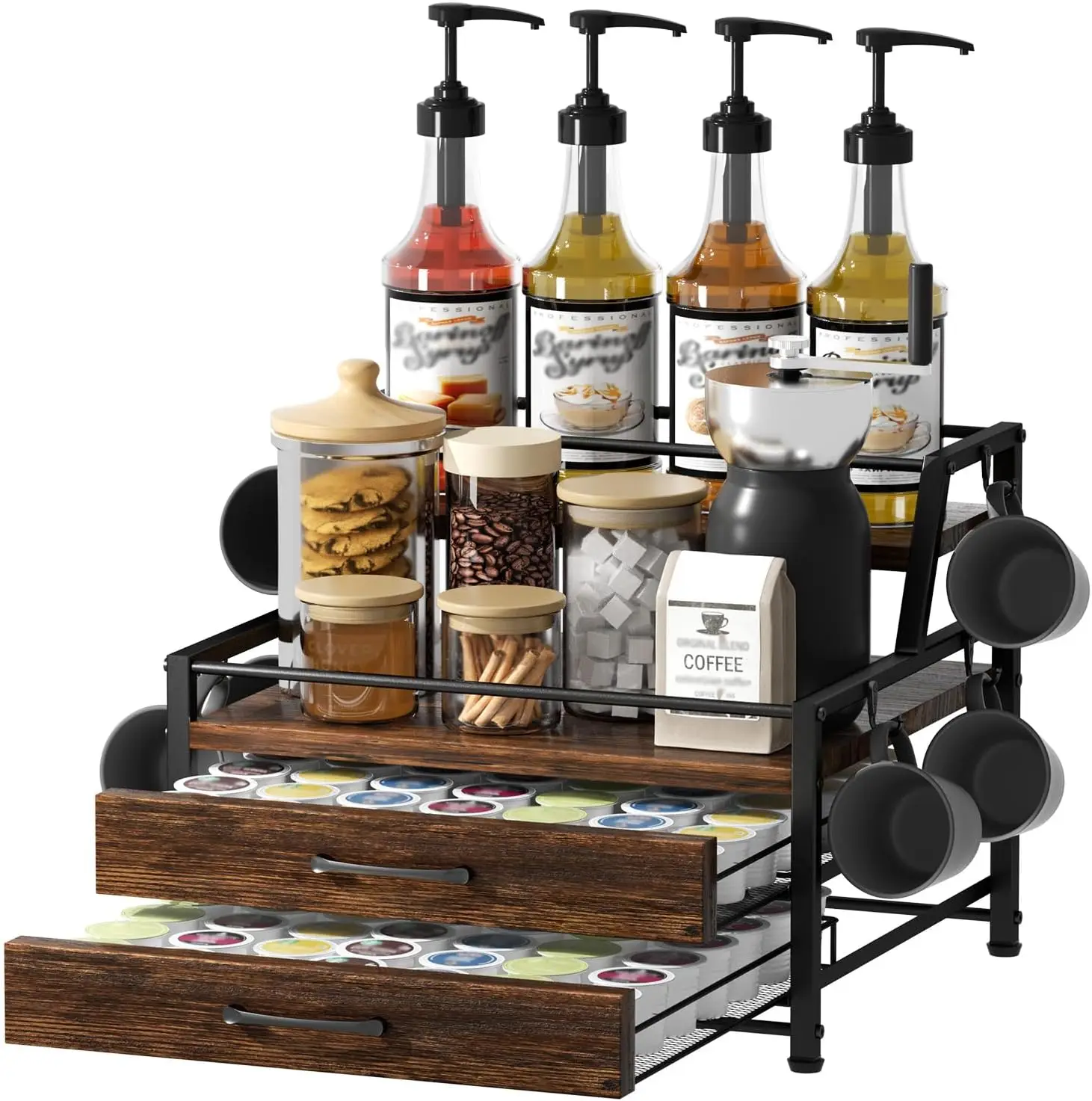4-Tier Coffee Syrup Rack Organizer with Drawer for Bottles and Pods, Rustic Brown Kitchen Countertop Storage