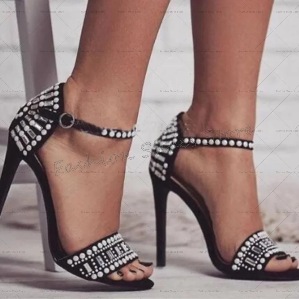 

Black Buckle Strap Pearl Decor Sandals Open Toe Women Shoes Stilettos High Heels Party Banquet Dating 2025 Zapatos Para Mujere
