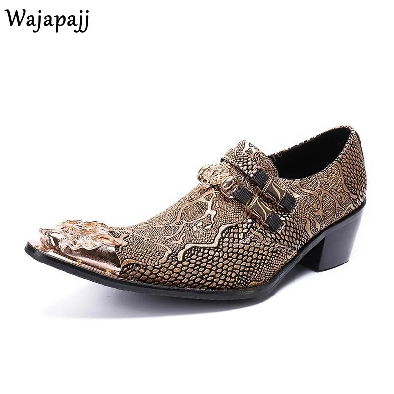 Spring Autumn Men Retro Metal Pointed Toe Leather Shoes Crocodile Print Slip On Buckle Strap Men Party Wedding Leisure Shoes