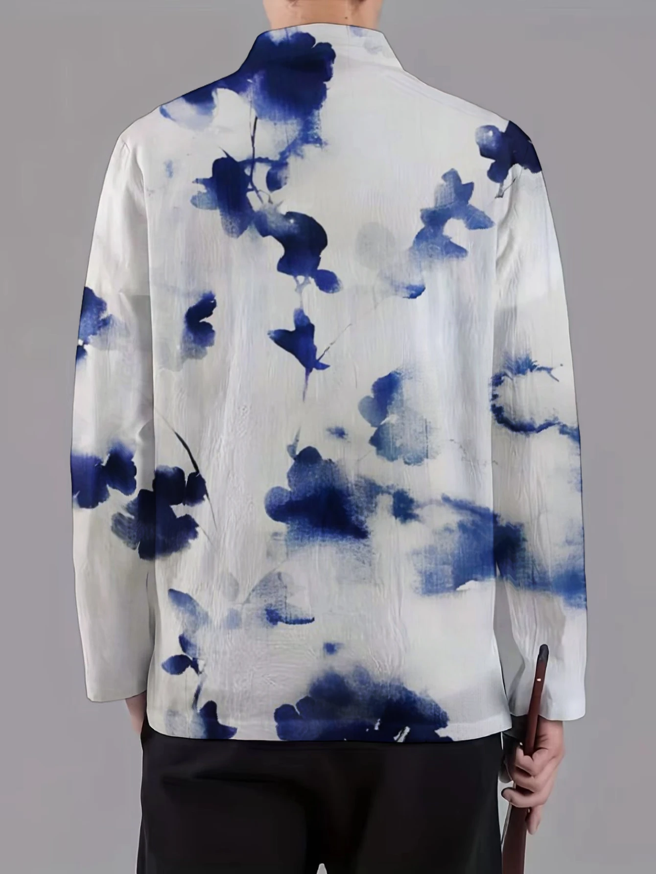 Men Mandarin Collar Frog Button Jacket Ethnic Feather Floral Ink Print Traditional Outerwear