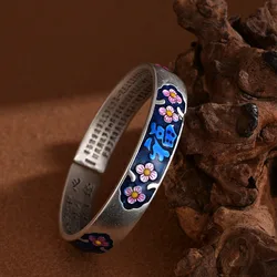 Classic Cloisonne Enamel Blue Fu character Heart Sutra bangles New in vintage 925 Silver charm bracelet for women Jewelry
