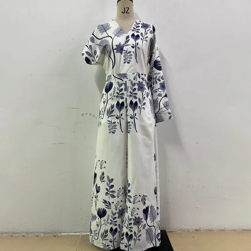 女性のためのジャンプスーツプリントワンピースワイドレッグパンツ V ネックバックレスレースアップストレートパンツ 2025 オフィスレディ女性オーバーオール