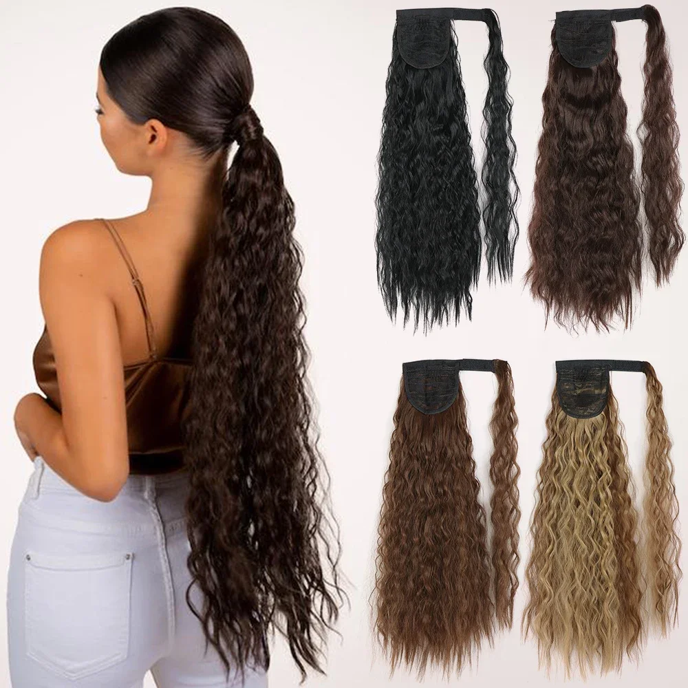 22Inch Synthetic Long Corn Wavy Ponytail Hairpiece Wrap On Hair Clip Ombre Brown Blonde Hair Extensions Pony Tail Hairstyle