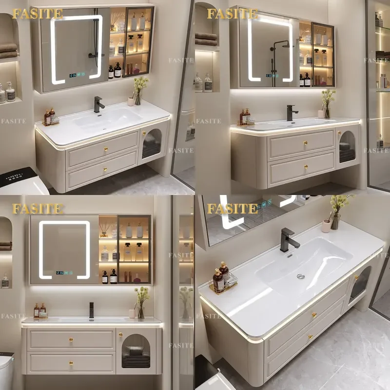 For Solid Wood Bathroom Cabinet Ceramic Integrated Basin Modern Simple Cream Style Washbasin Vanity Combo Durable Storage