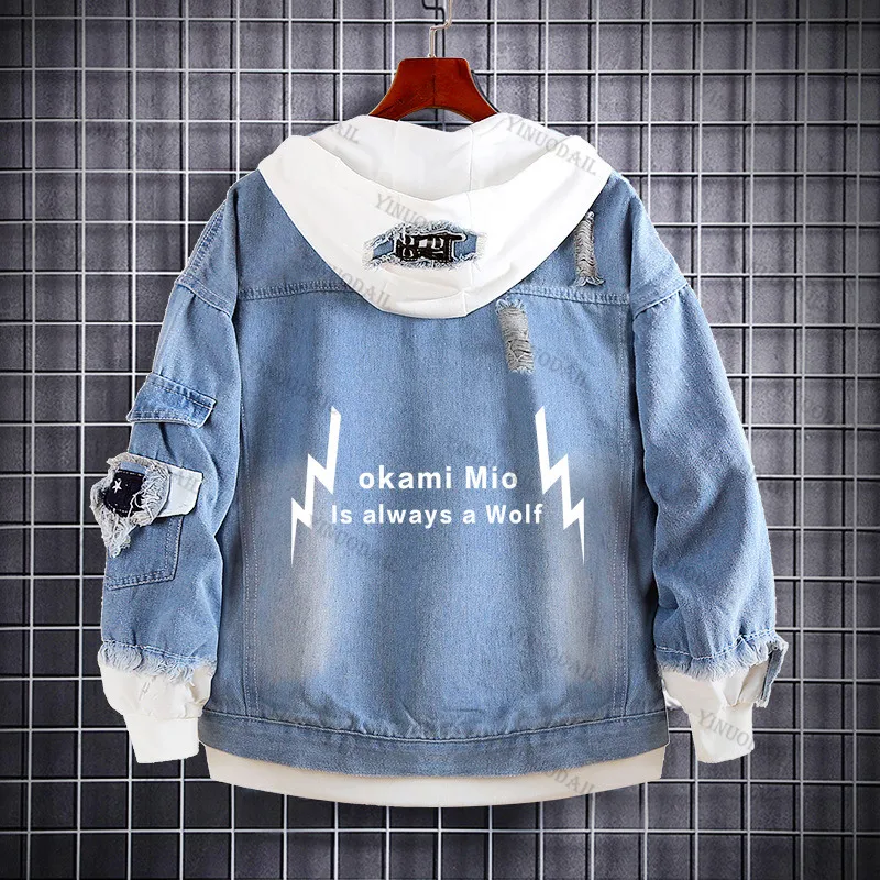 Virtual Ookami Mio Hololive Denim Jackets Anime Fifures Hole Coat Sudaderas Para Hombres Jean Cosplay Costumes Christmas Gifts