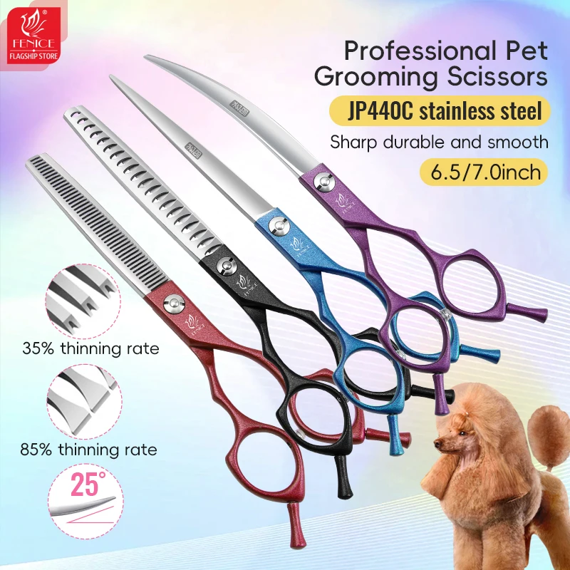 

Fenice JP440C Pet Grooming Scissors Set 6.5/7 Inch Straight Curved Dog Grooming Shears Thinning Chunker for Professional Groomer
