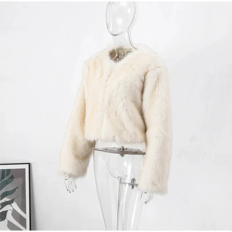 Short Faux Fur Coats Women Plush Autumn Winter O-neck Open Stitch Loose Women's Coat Long Sleeve Casual Jacket Female Streetwear