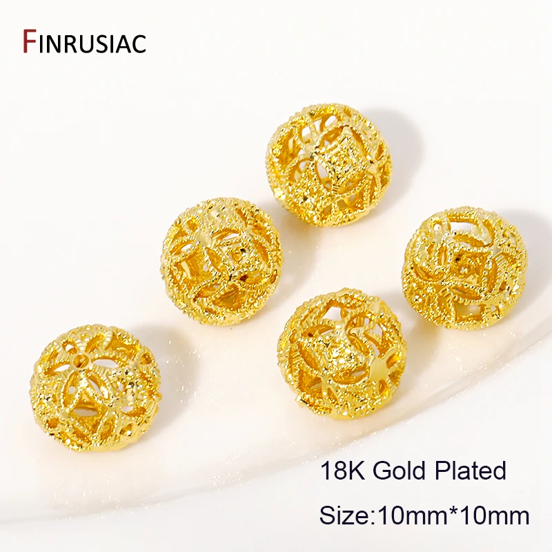 4/6/8Pcs 18K Gold Plated Brass Hollow Round Shape Spacer Beads,10MM Brass Separators Beads For DIY Bracelets Making Accessories