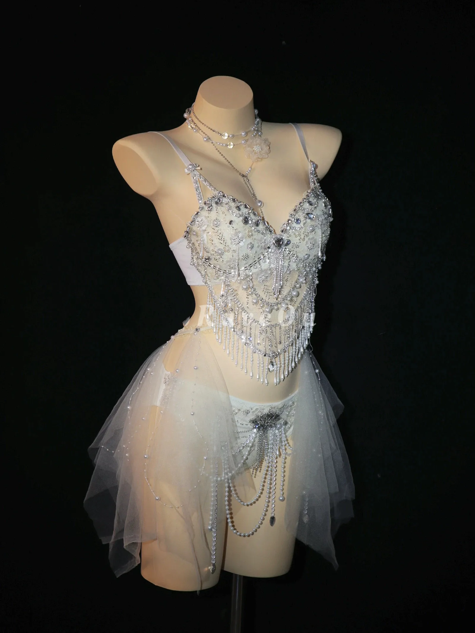 White Rhinestone Pearl Chain Bikini Rave Outfit Women 2 Piece Mesh Skirt Music Festival Costume Bar Nightclub Stage Performance view 5
