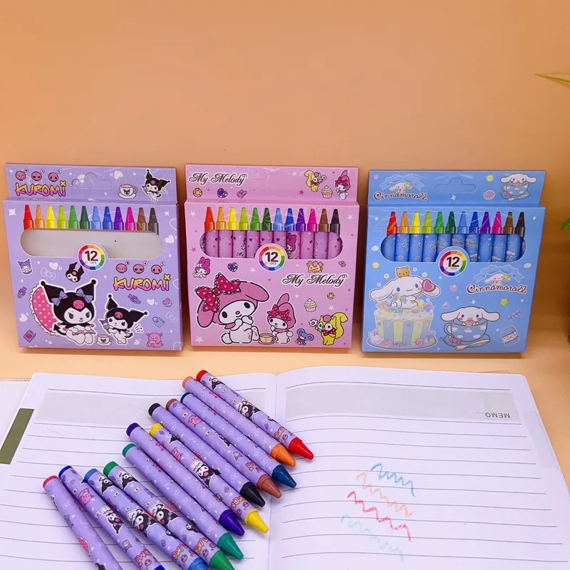 

12 Colors Hello Kitty Kuromi Crayon Drawing Pen Cartoon Cinnamoroll My Melody Oil Pastel Fine Arts School Supplies Child Gifts