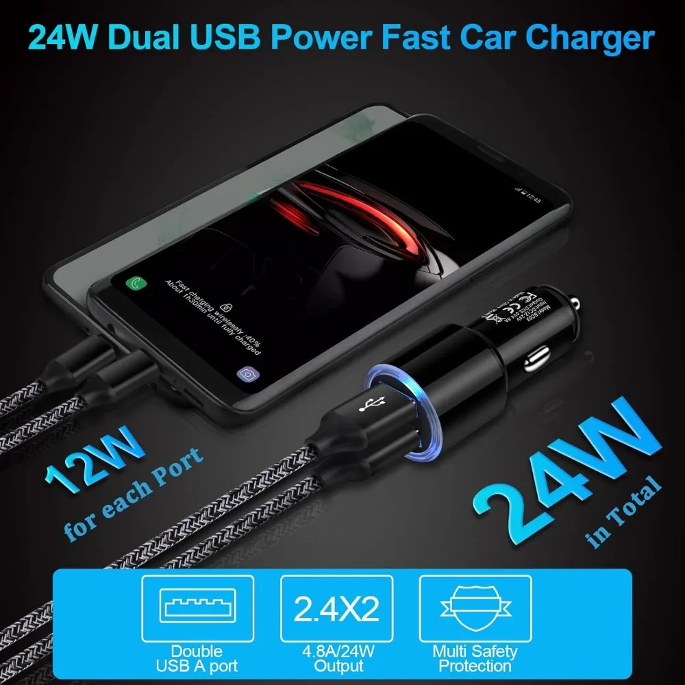 شاحن سيارة USB، 2 حزمة 4.8A شحن سريع ثنائي المنفذ USB ولاعة السجائر محول آيفون 15 14 13 12 11 Pro Max SE XR X 8 7 #3