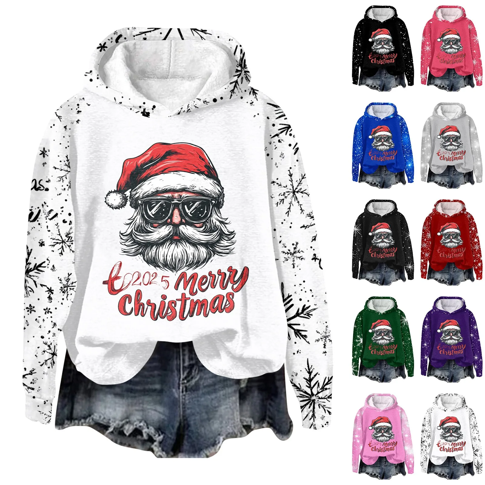 Women'S Fashion Pullover Plunging Sleeve Christmas Printed Hooded Sweatshirt Ropa En Promocion Mujer Winter Clothes Woman