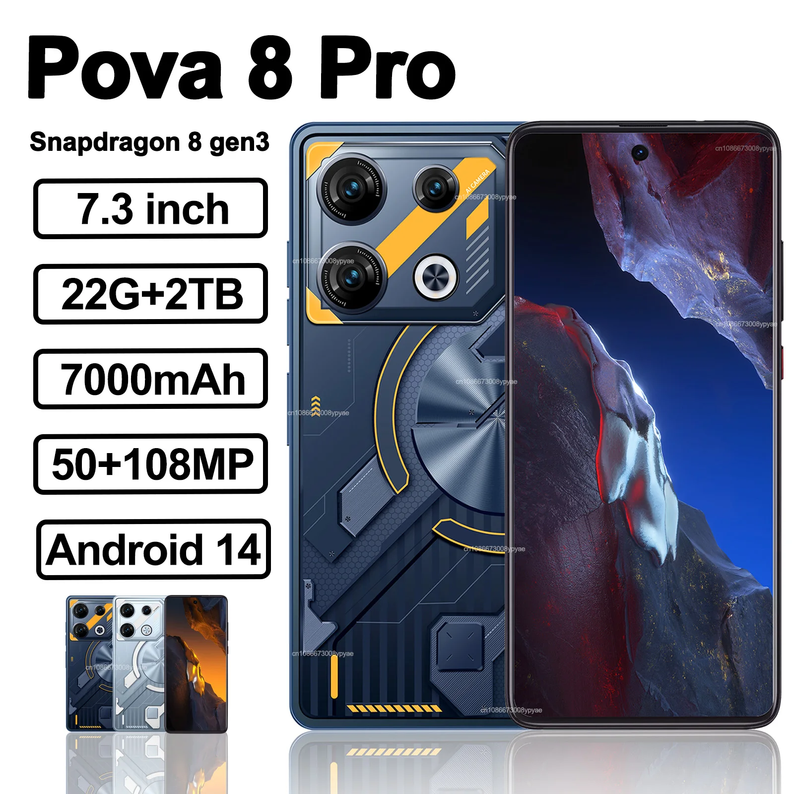 

Original Pova 8 Pro Smartphone 5G 7.3inch HD 22G+2TB Cell Phone Dual SIM Mobile Phones 50+108MP 7000mAh Android 14 Unlocked NFC