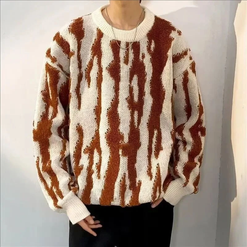 

Men Retro Sweaters Autumn Winter Irregular Striped Long Sleeve Round Neck Knitted Tops Male Casual Loose Pullovers Chic Knitwear
