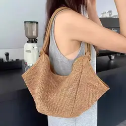 French Hollow Woven Straw Woven Hand-held Women's Bag With Large Capacity Simple And Casual Versatile Beach Vacation Bag Trendy