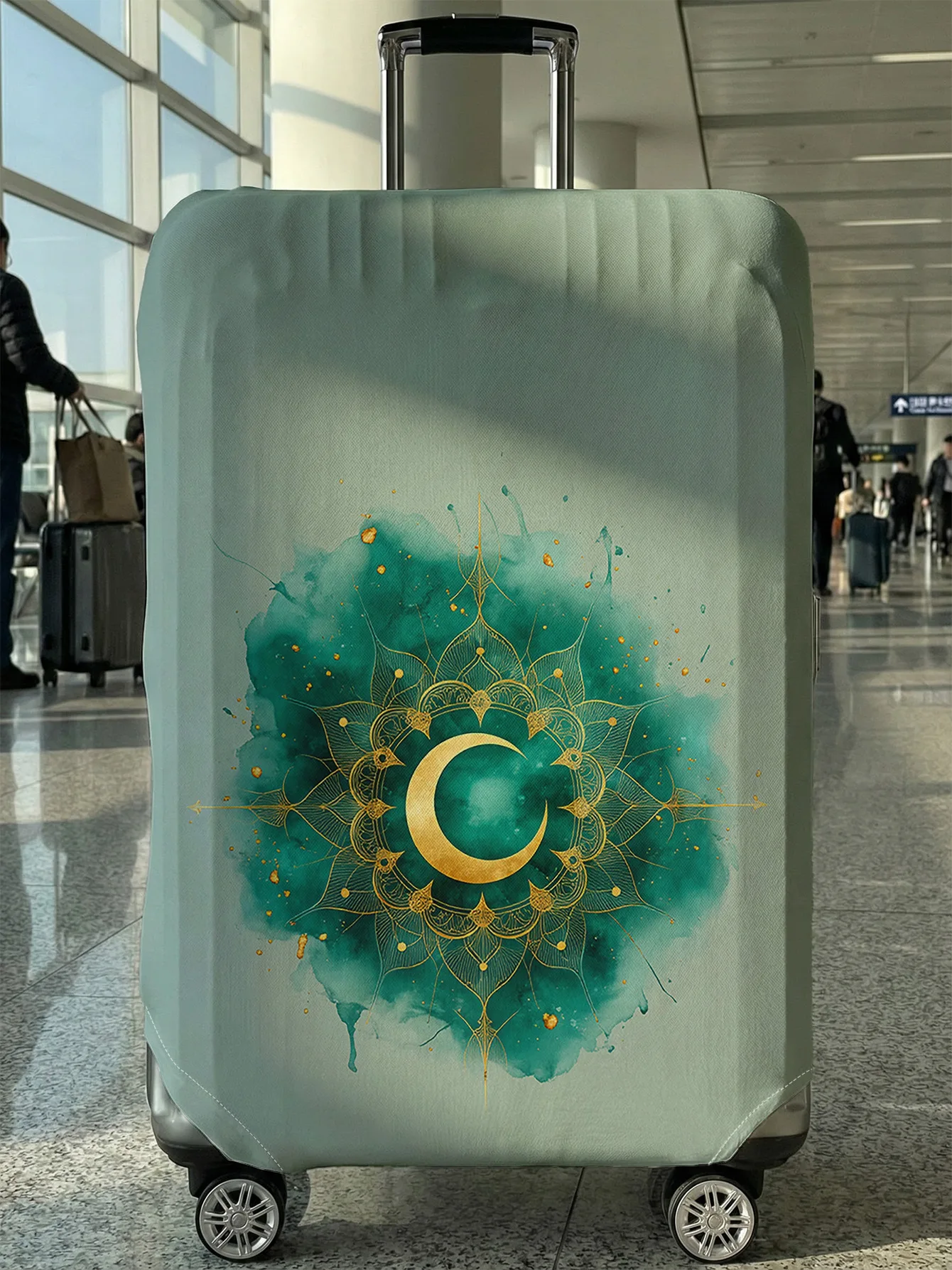 

Dark Green Gold Mandala Moon Print Luggage Cover, Suitable for 18-32 Inch Luggage Cover, Luggage Handle Glove, Travel Accessorie