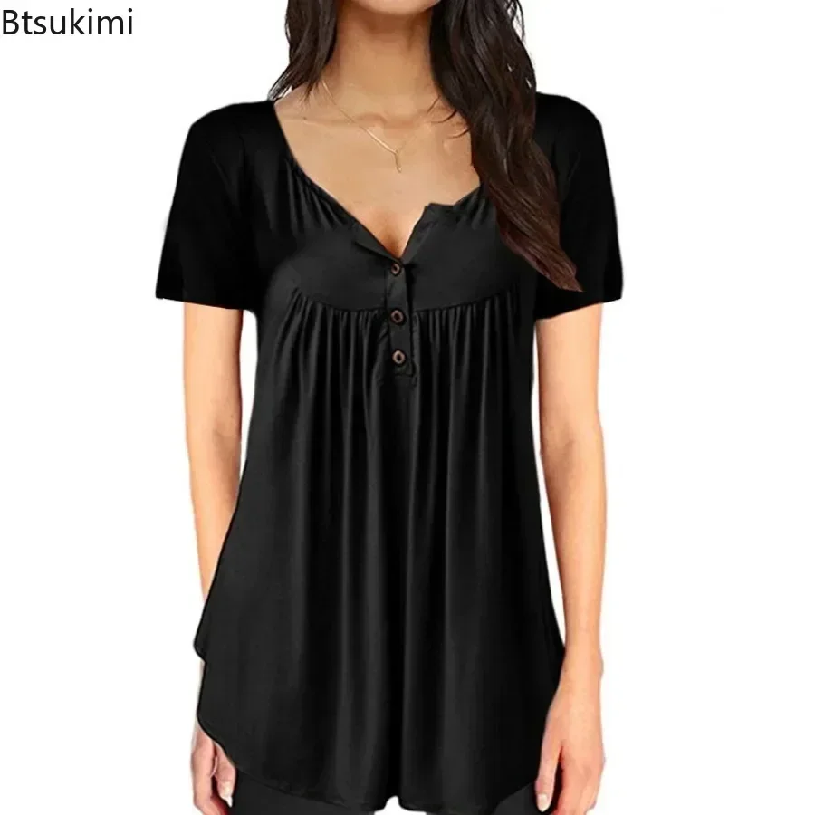 New 2024 Women\'s Summer Casual Short Sleeve T-shirts Solid Oversized Soft Button Design women t shirt Plus Size Women Loose Tops