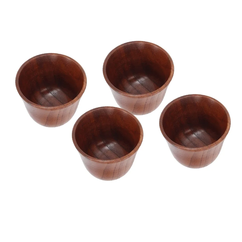 4Pcs Set Retro Style Nature Wood Wooden Cup Solid Wood Safe Wooden Cup Set Heat Insulation Wooden Tea Cups Tea Drinking