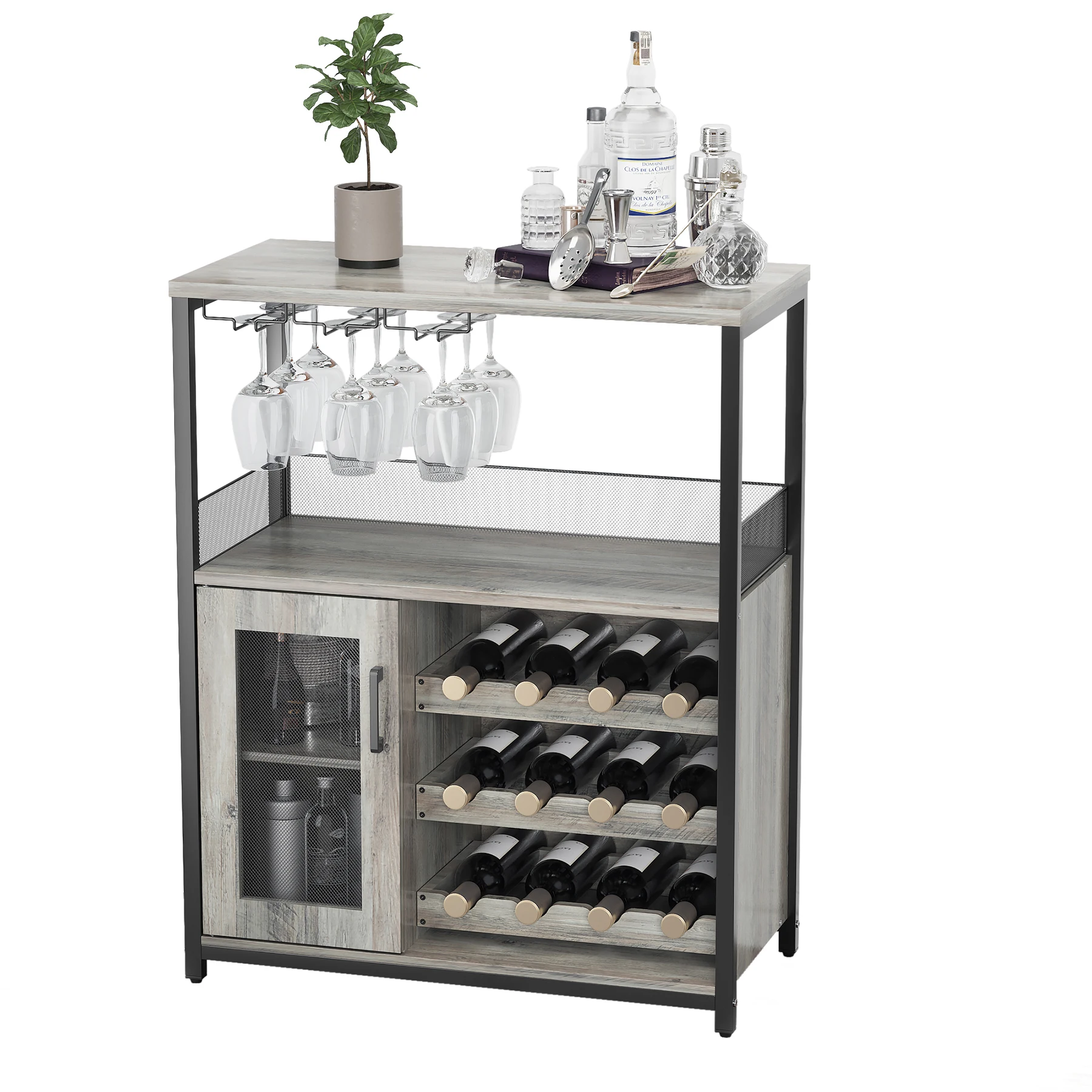 

Wine Rack Table with Glass Holder and Wine Storage, Industrial Rustic Wood and Metal Bar Buffet Cabinet