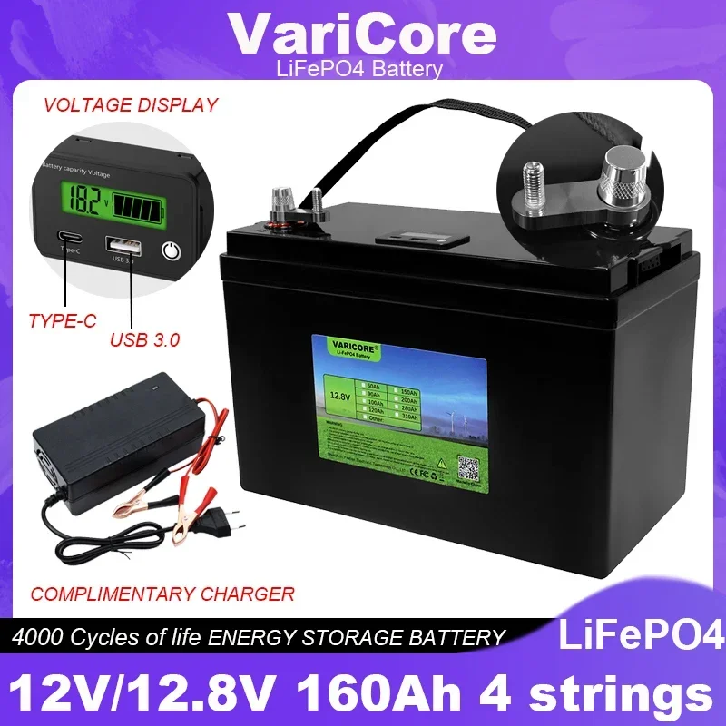 バッテリーVariCore-LiFePO4,12.8V, 12V, 160Ah, 4s, USB 3.0,タイプC出力,インバーター,カーライター,旅行,キャンプ,充電器,免税,14.6V