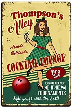 JP's Parcels Bowling Sign Tin Sign Decor |Metal Sign 12 x 8 in. Thompson's Alley Cocktail Lounge Karaoke Bowling Pro Sho