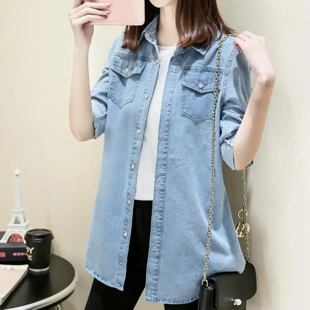 

Women Shirt Coat Lapel Long Sleeve Loose Fit Top Mid-length Denim Shirt Basic Commuting Style Outwear Blouse With Pockets