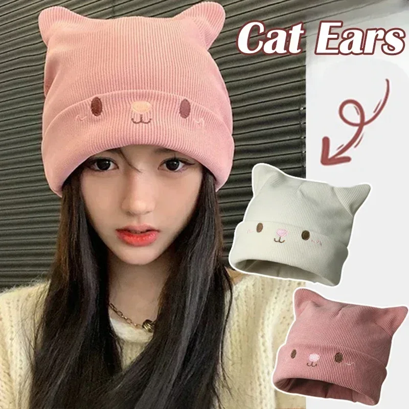 Cute Cat Embroidered Knitted Hat Outdoor Warm Ear Protection Cat Ears Wool Hats Fashion Knitted Beanie Cap Women Streetwear Caps