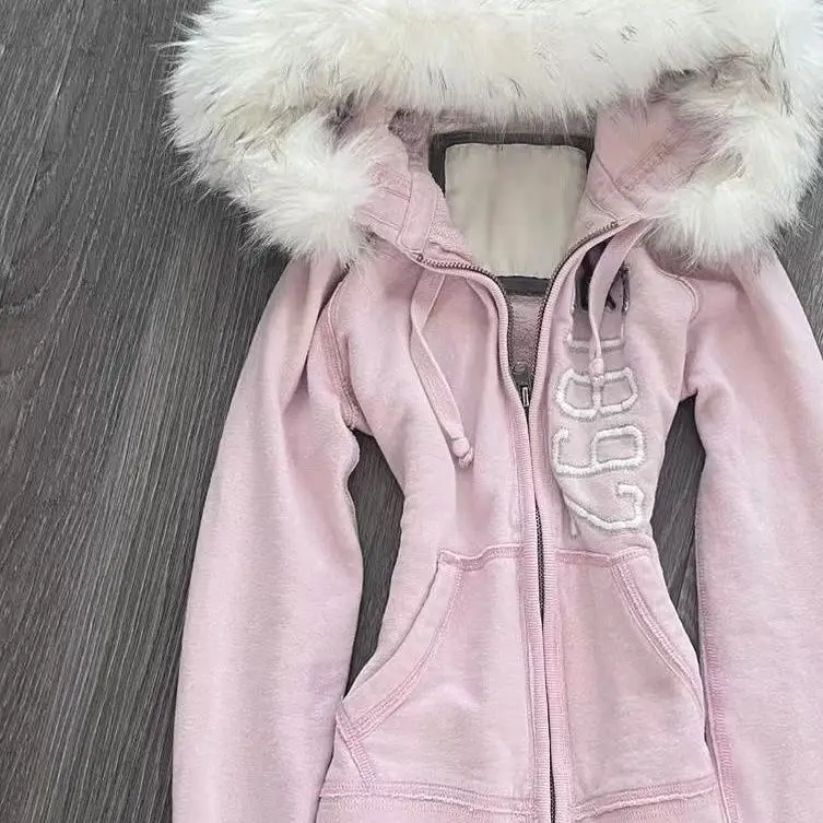 خمر الأمريكية فو الفراء هوديي المرأة الشتاء اصطف سستة ضئيلة البلوز Y2k دافئ كنزة صوف الشارع الشهير سترة Harajuku #3