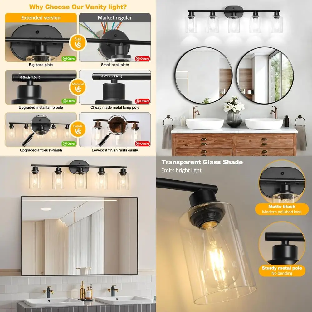 

5-Light 33.5 Black Lacquered Vanity Fixture with Clear Glass for Bathroom, Living Room, and Hallway