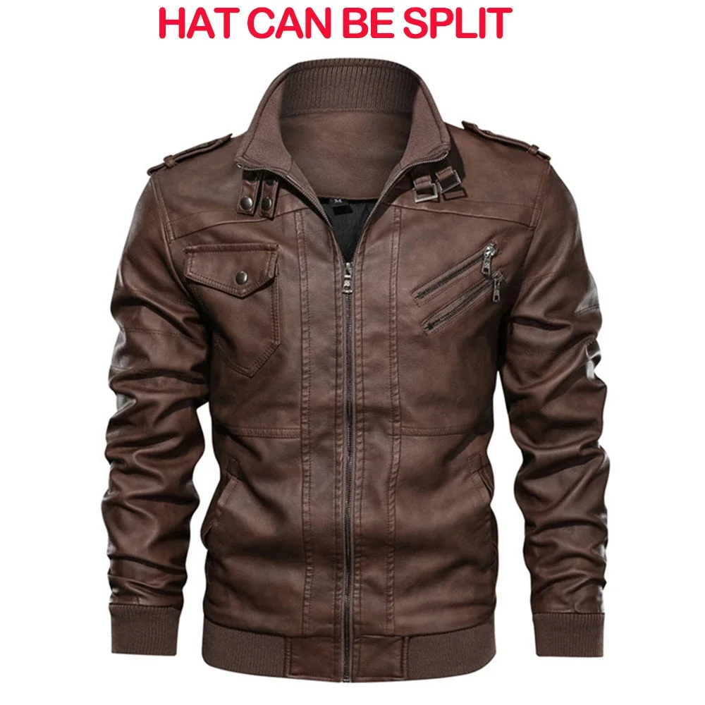Men\'s Fall Winter Jacket PU Leather Jackets Stand-up Collar Motorcycle Biker Clothing Casual Detachable Hooded Coats