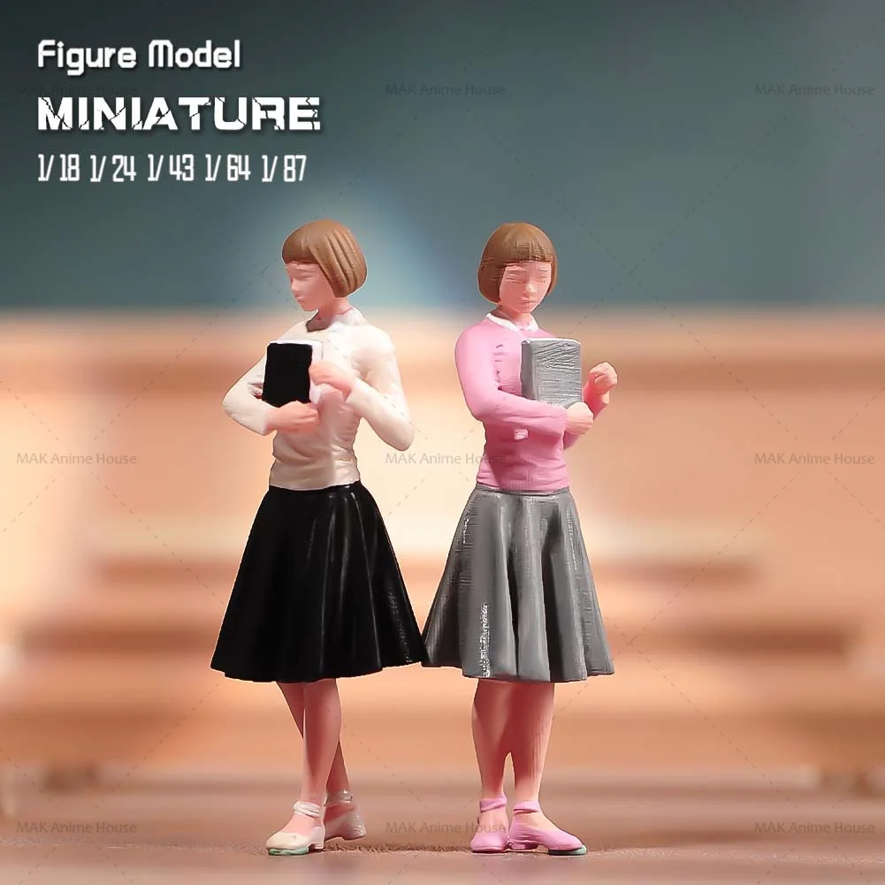 Miniatures 1/87 1/64 1/43 1/24 1/18 Figure A Female Student Holding A Book Short Hair Long Skirt Dolls Model Scene Prop Car Toy