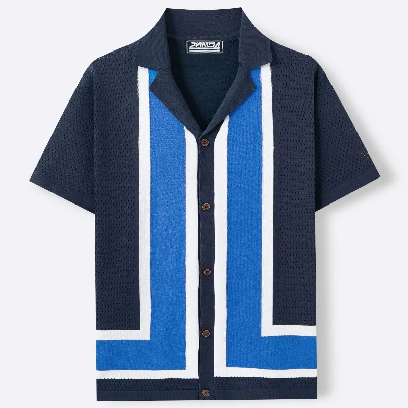 Men's Summer New Striped Color Block Knit Polo Shirt - Lapel Short Sleeve Hollow Out