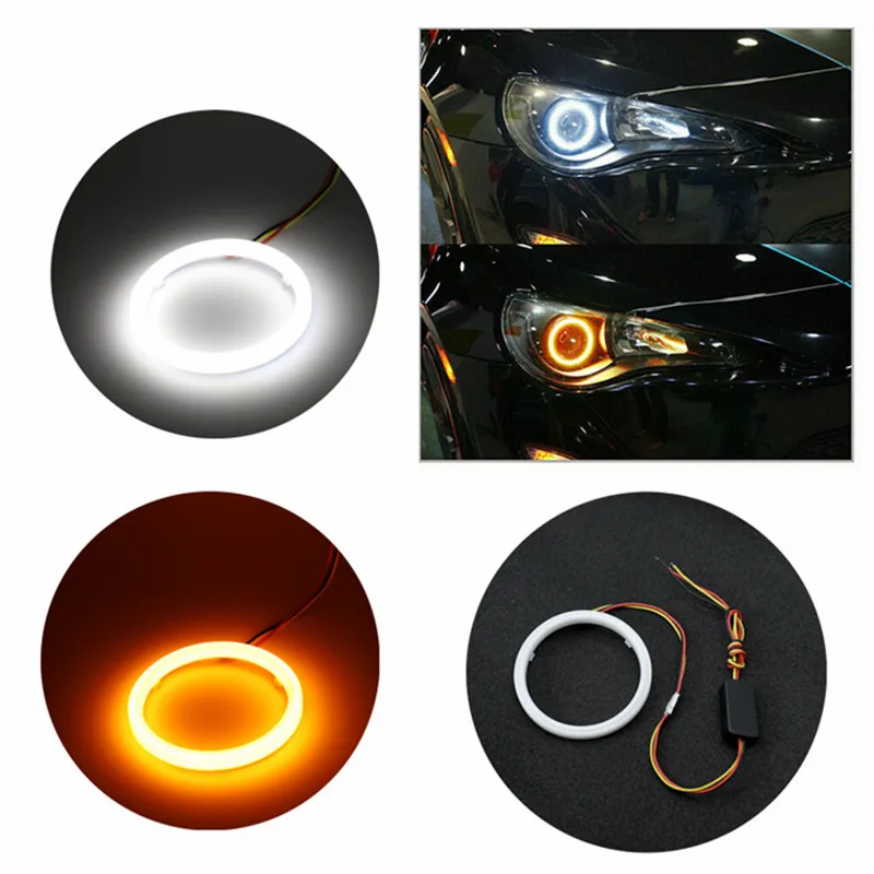 Car Daytime Running Light COB LED Headlight Two-color white and yellow switching Angel Eye Bulb Halo Ring Lamp 12V Styling Light