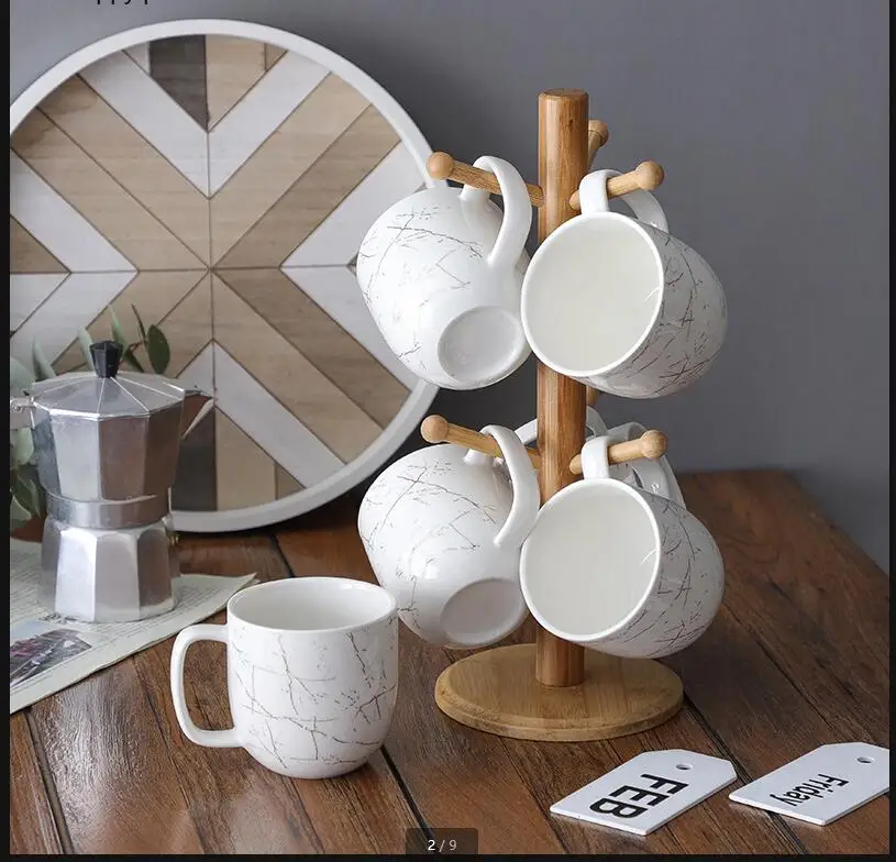 

Ceramic Water Cup 6-piece Set Wooden Holder Drain Rack Tea Coffee Mug Afternoon Cups Milk Decorative Teaware