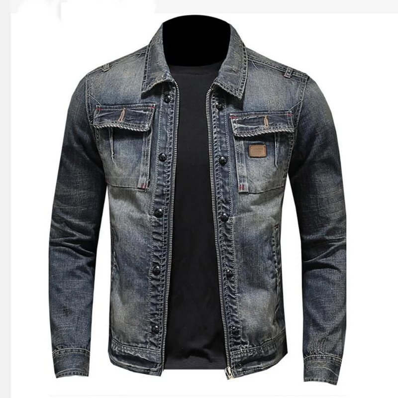 Spring Autumn Ripped Vintage Jean Jacket Men\'s High Quality Large Pocket Moto Denim Jacket