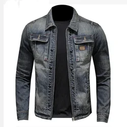 Spring Autumn Ripped Vintage Jean Jacket Men's High Quality Large Pocket Moto Denim Jacket