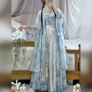Starożytna w chińskim stylu Hanfu sukienka damska przebranie na karnawał w stylu Vintage lato niebieska 3 szt. Zestawy strój na imprezę garniturów z dynastii pieśni Hanfu