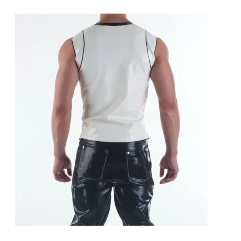 Men's 100% Handmade Latex Vest Top Sleeveless White with Black Trims Top T-shirt  XS To XXXL