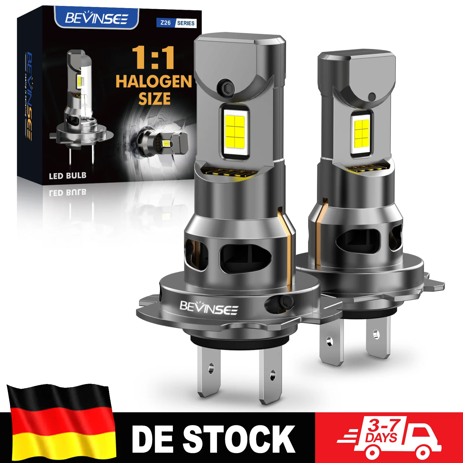 BEVINSEE H7 LED Ultra Leistungsstark 70W 12000LM CANBUS Fehlerfrei Echte 1:1 Halogen-Größe 6000K Weiß Kabellose Turbo LED Auto-Scheinwerfer 12V